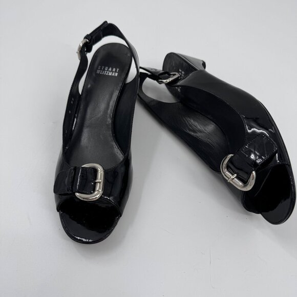 Stuart Weitzman Patent Leather Peep-Toe Slingback Heels Silver Buckle Narrow 8SS - Picture 1 of 10